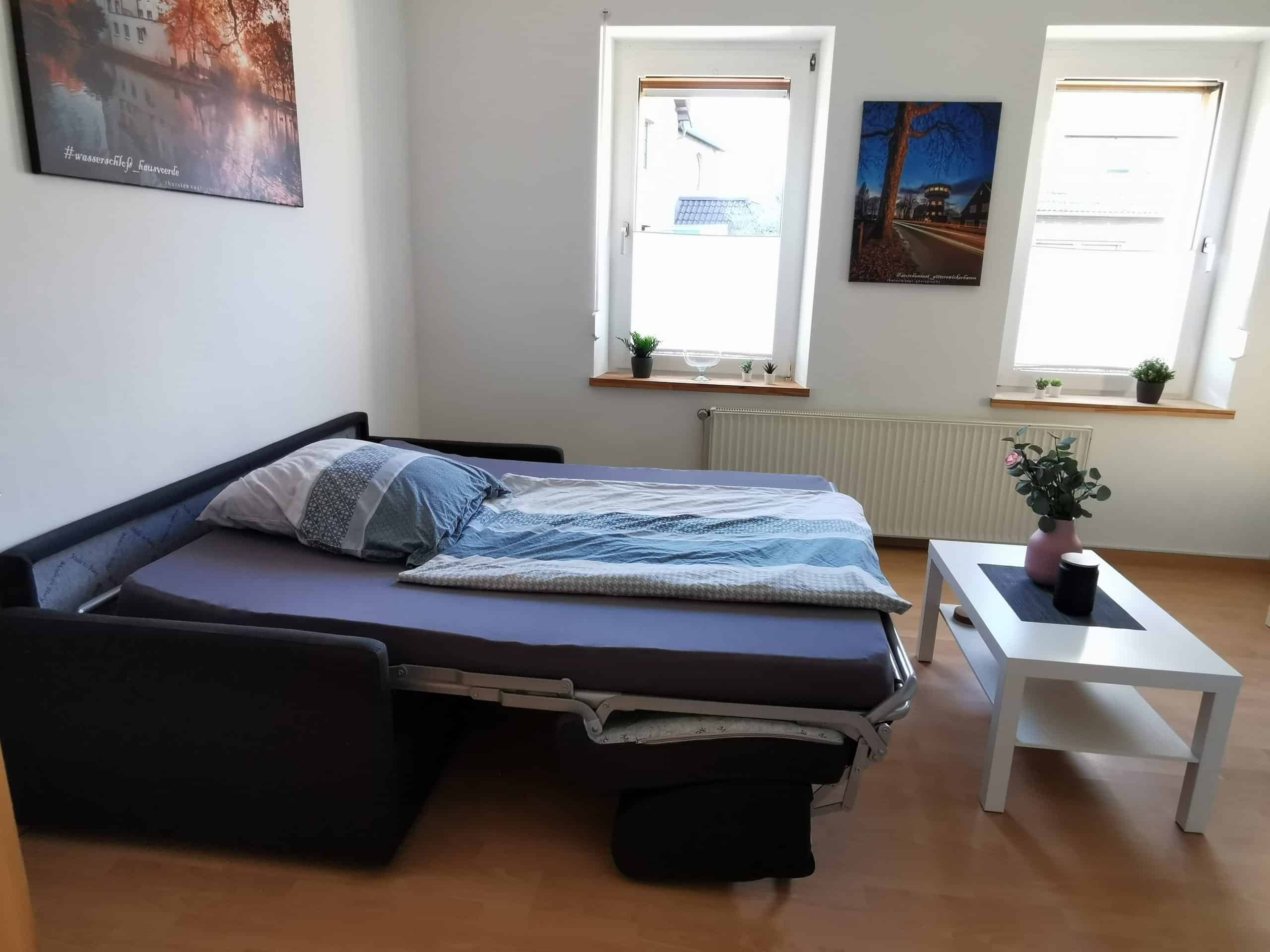 Das Bild zeigt das Schlafsofa in der Gästewohnung am Mommbach